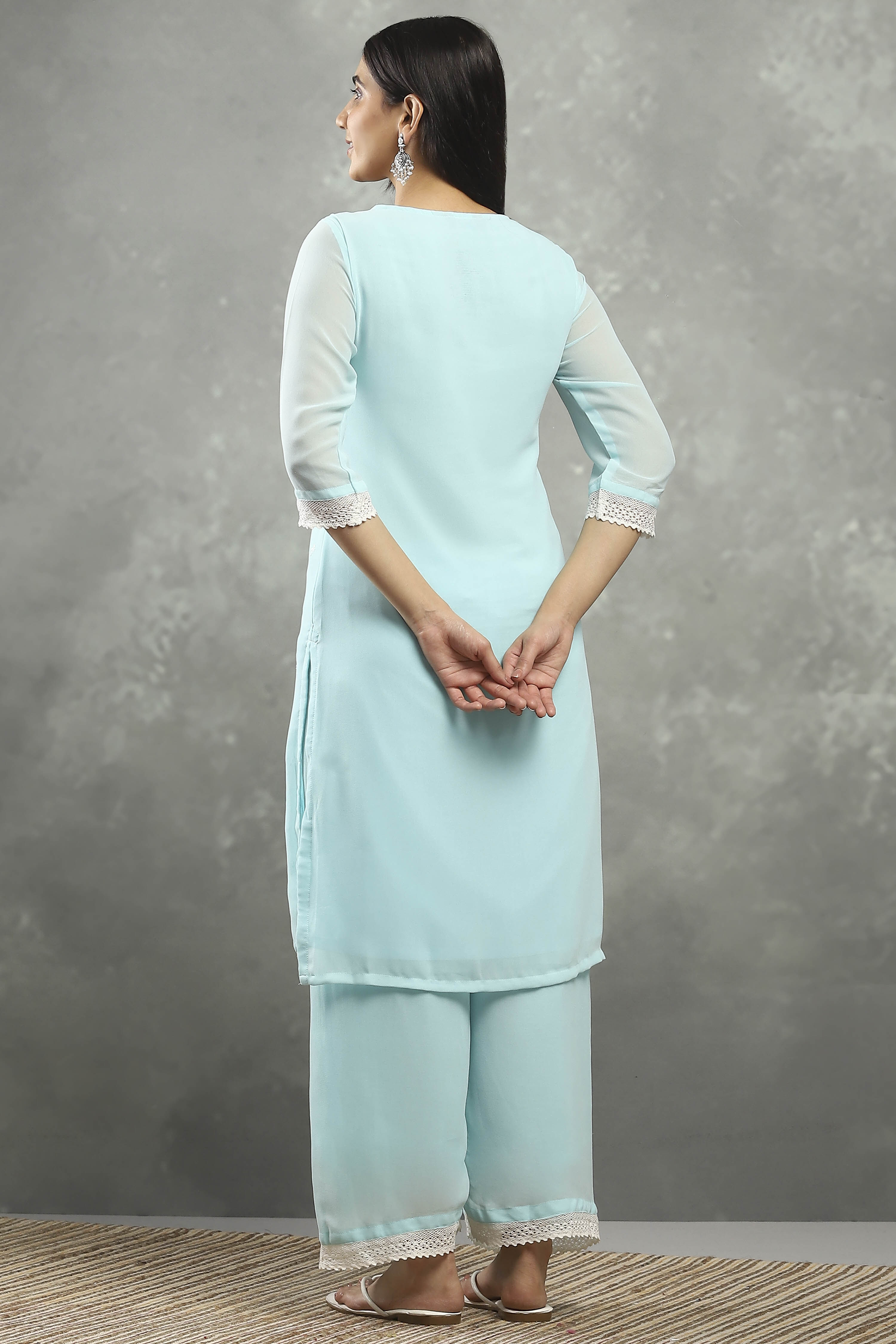 Sky Blue Polyester Straight Kurta Pants Set image number 4