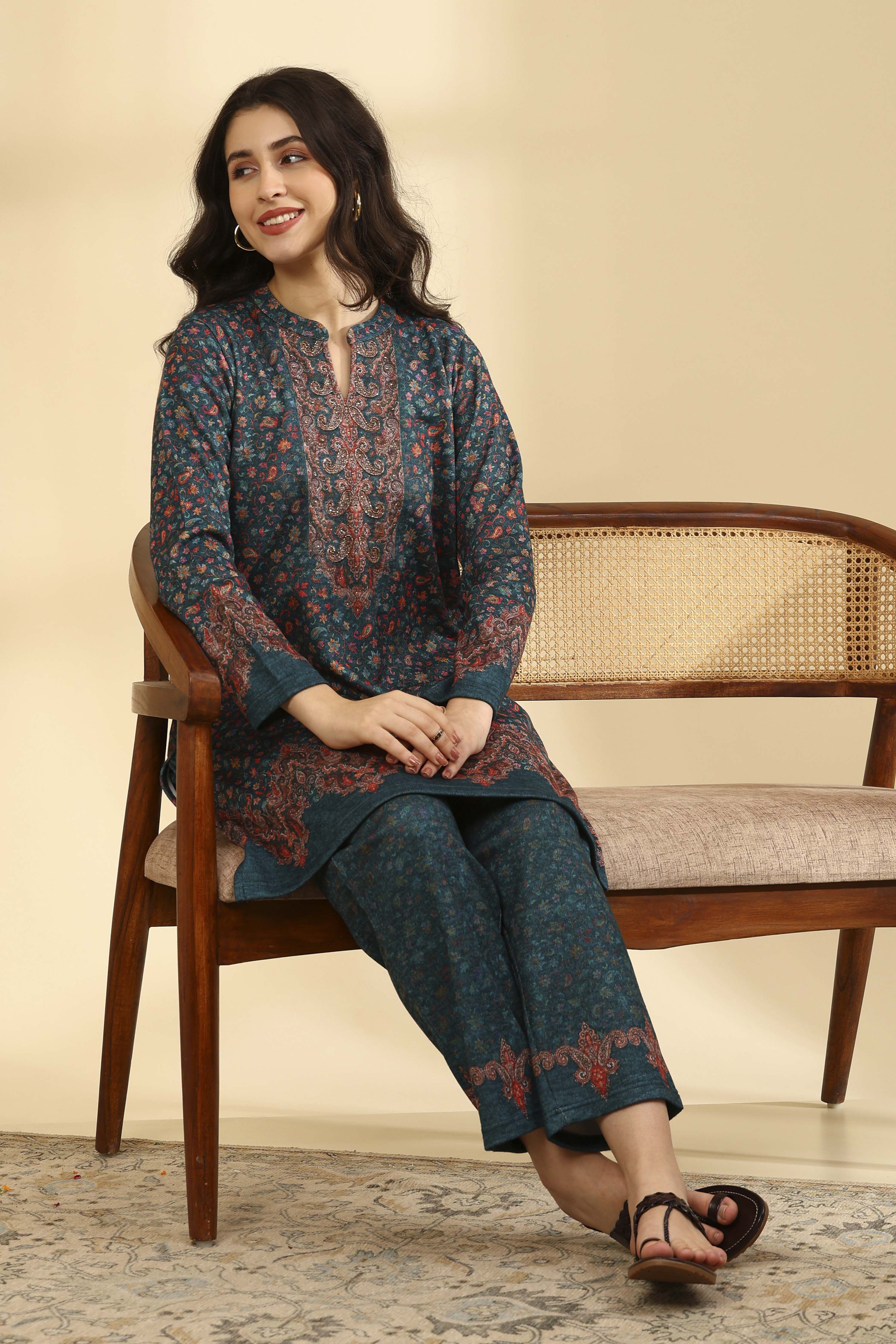 Teal Acrylic Straight Printed Kurta Pants Set image number 0