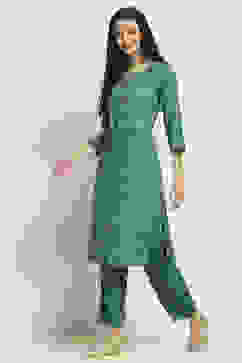 Teal Viscose Rayon Printed Straight Kurta Pants Set image number 3
