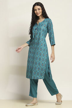 Teal Viscose Rayon Printed Straight Kurta Pants Set image number 3