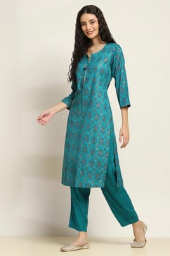 Teal Viscose Rayon Printed Straight Kurta Pants Set image number 3