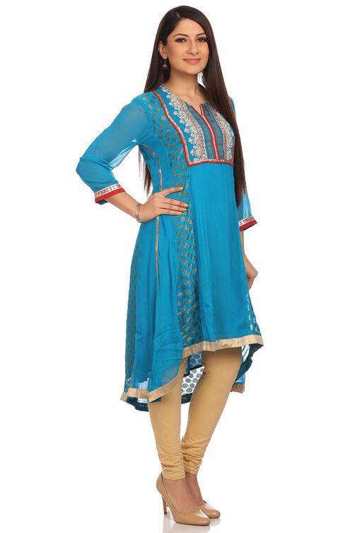 Blue Asymmetric Chiffon Kurta image number 0