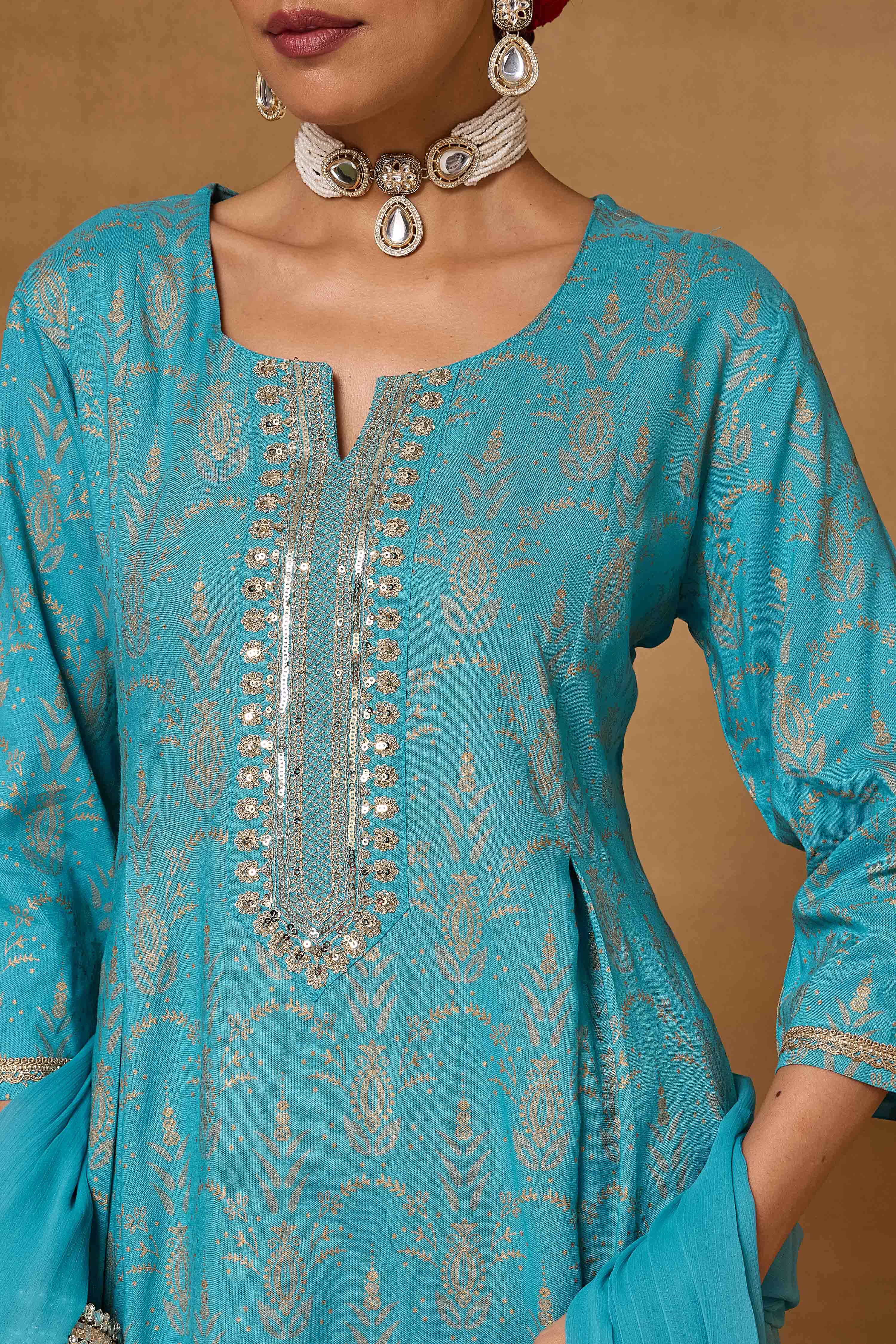 Red Viscose Rayon Straight Printed Suit Set image number 1