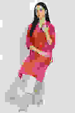 Orange Cotton Floral Straight Kurta image number 0