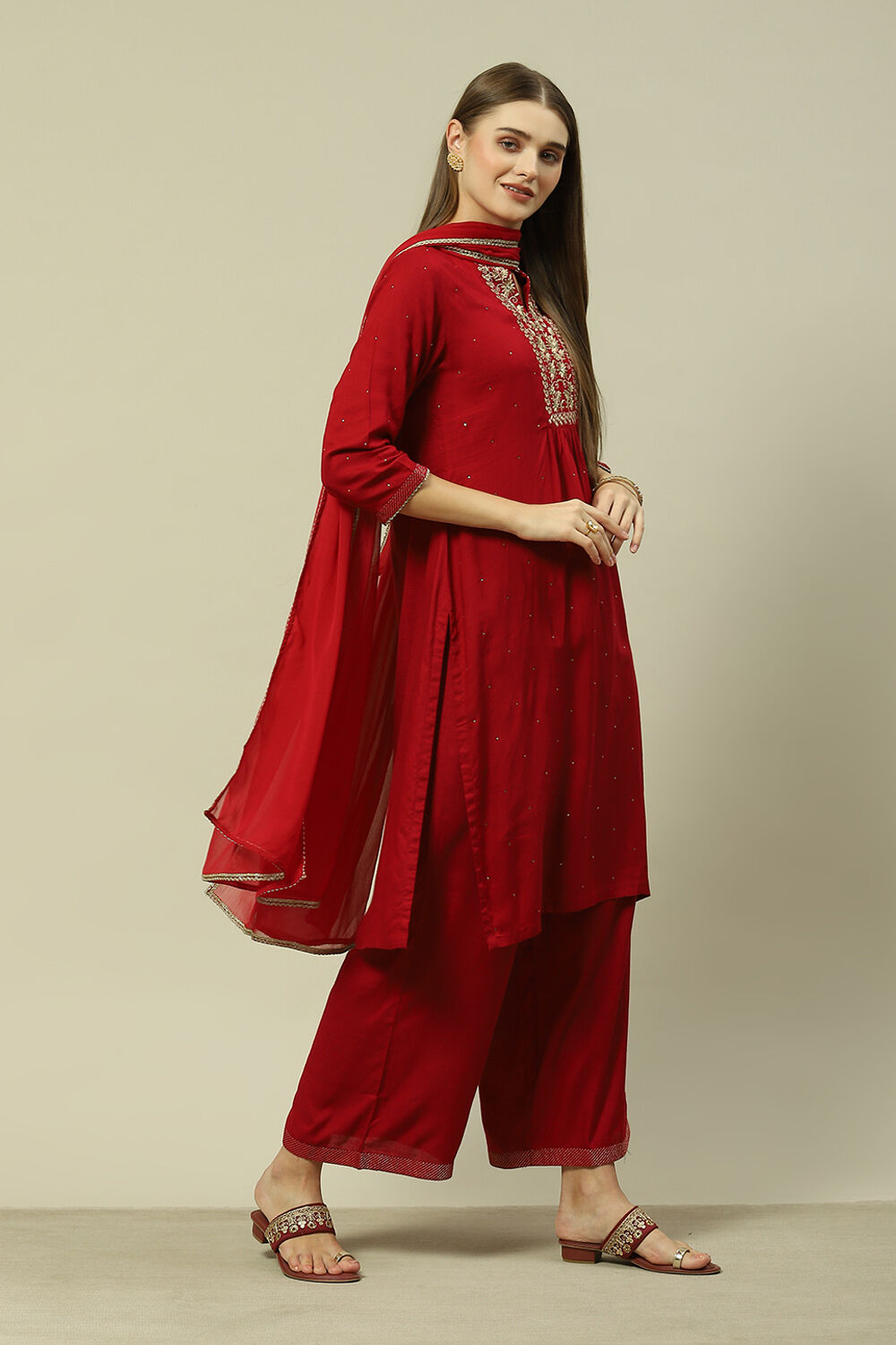 Red LIVA Straight Printed Kurta Palazzo Suit Set image number 6