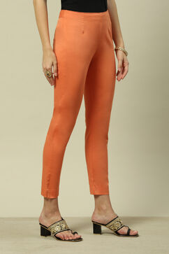 Peach Poplin Lycra Slim Solid Slim Pants image number 3