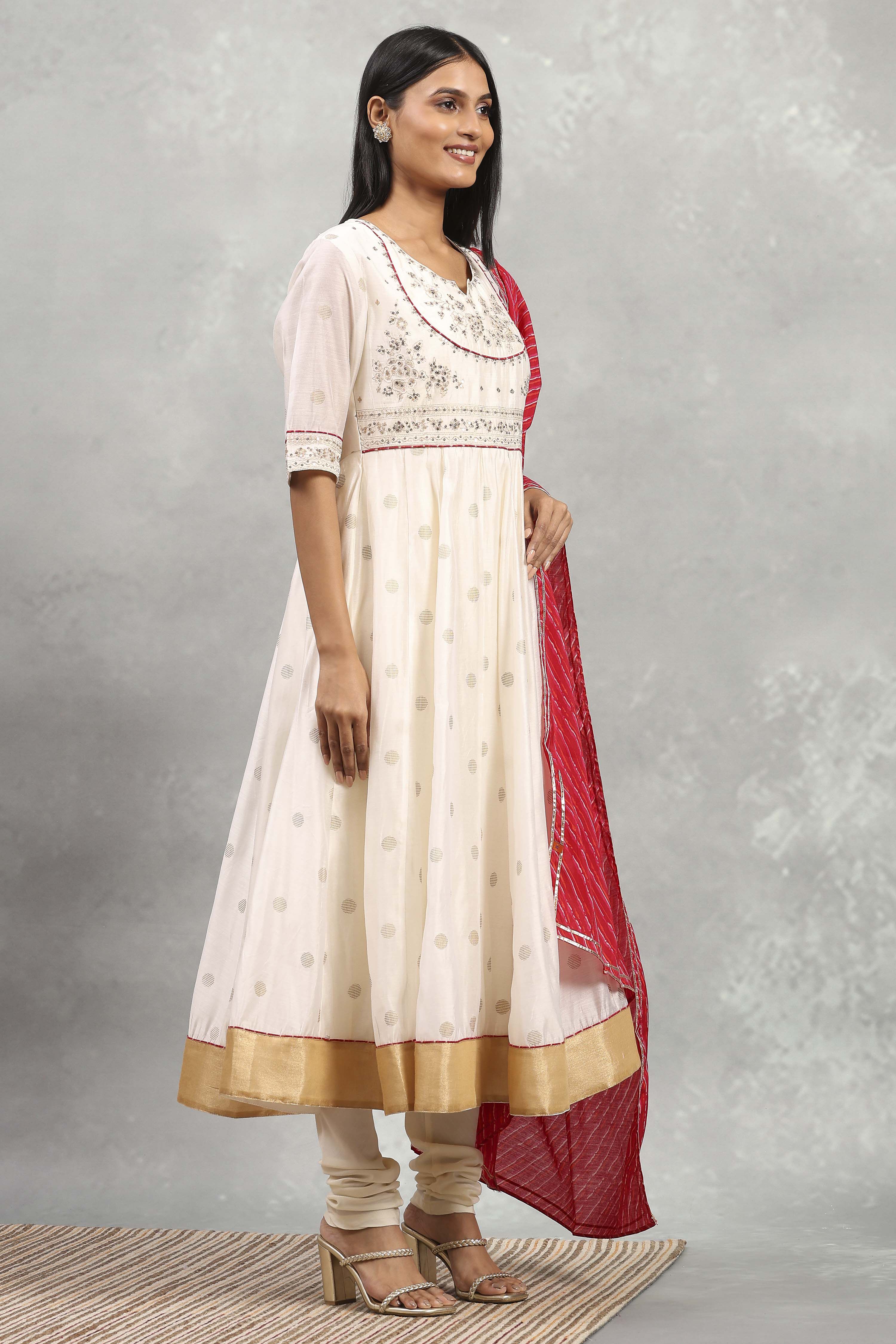 Off White Viscose Blend Printed Kalidar Suit Set image number 5