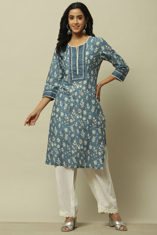 Blue Cambric Printed Straight Kurta image number 5
