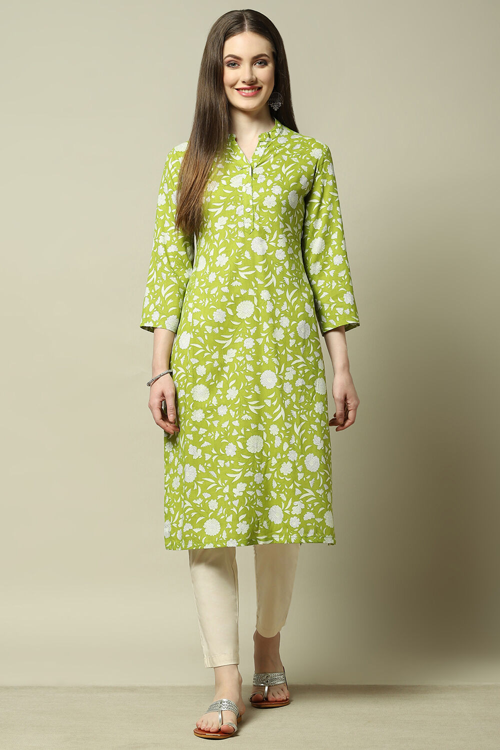 Green Floral Printed Straight Kurta image number 5