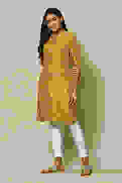 Mustard LIVA Straight Printed Kurta image number 2