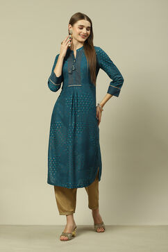 Teal Blue Viscose Straight Printed Kurta image number 0