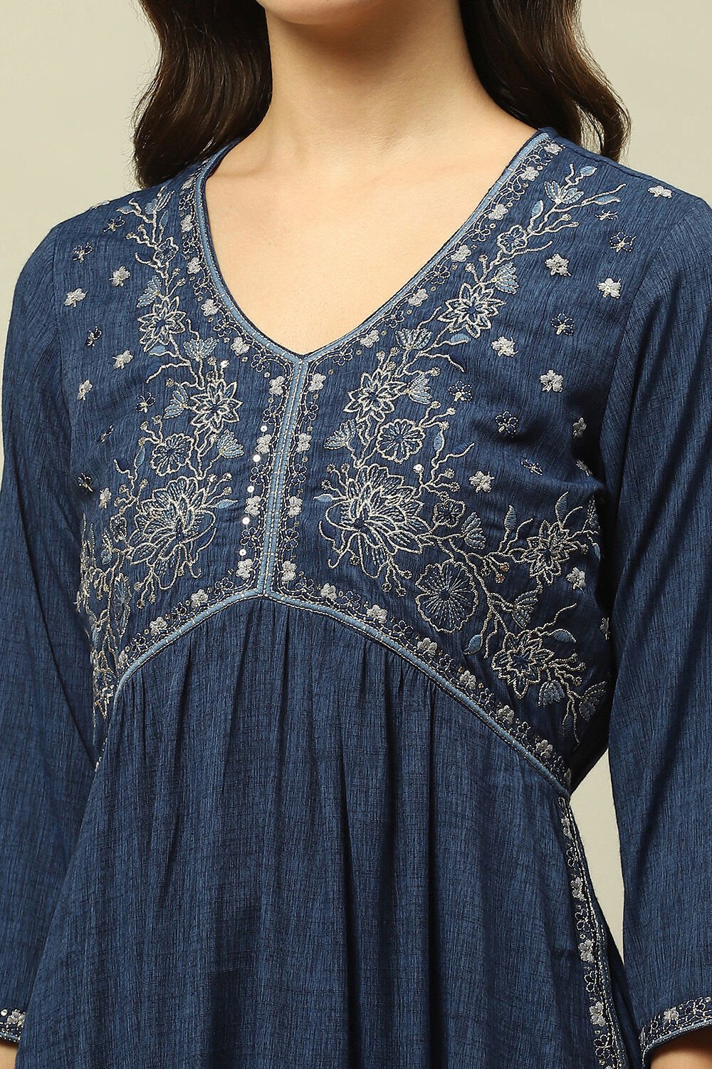 Blue Viscose Blend Gathered Yarn Dyed Kurta Palazzo Suit Set image number 1