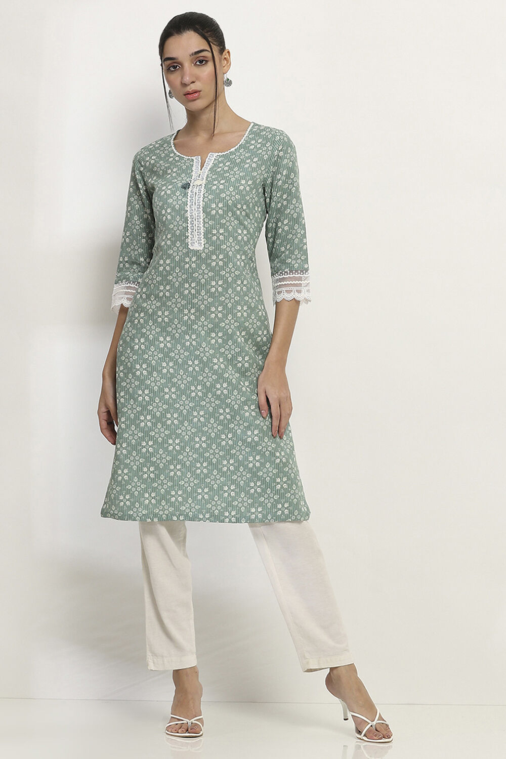 Sage Green Cotton Printed Straight Kurta image number 5
