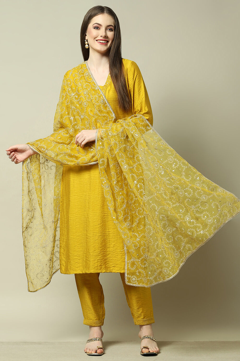 Yellow Organza Yard-dyed Kurta & Pants Suit Set image number 0