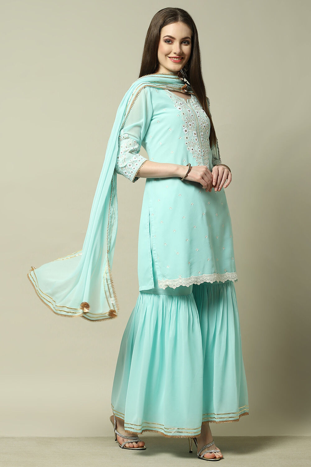 Aqua Blue Poly Georgette Kurta & Garara Suit Set image number 6
