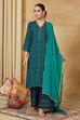 Teal Viscose Blend Straight Printed Suit Set image number 7