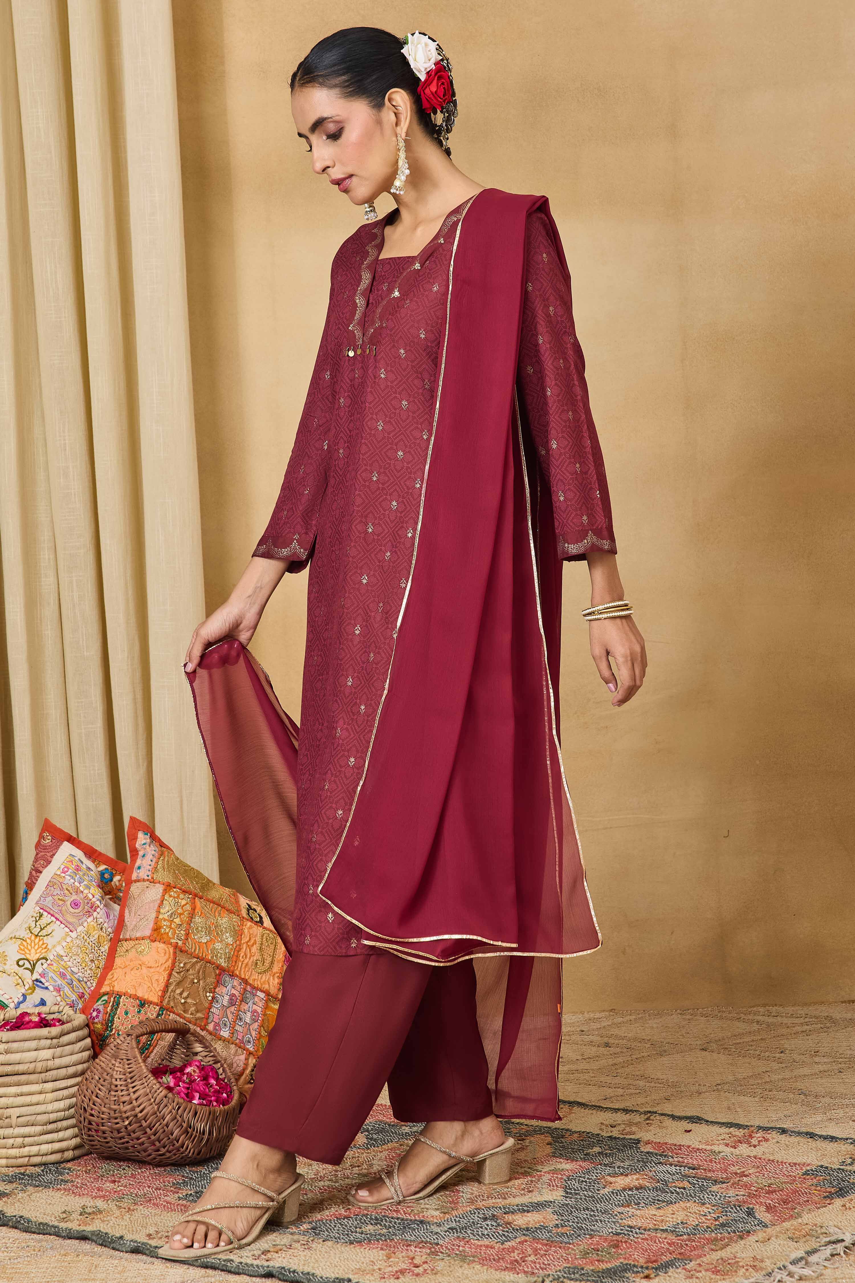 Blue Viscose Rayon Straight Printed Suit Set image number 6