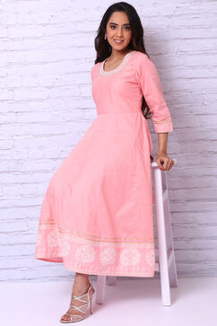 Peach Cotton Slub Kalidar Kurta image number 4