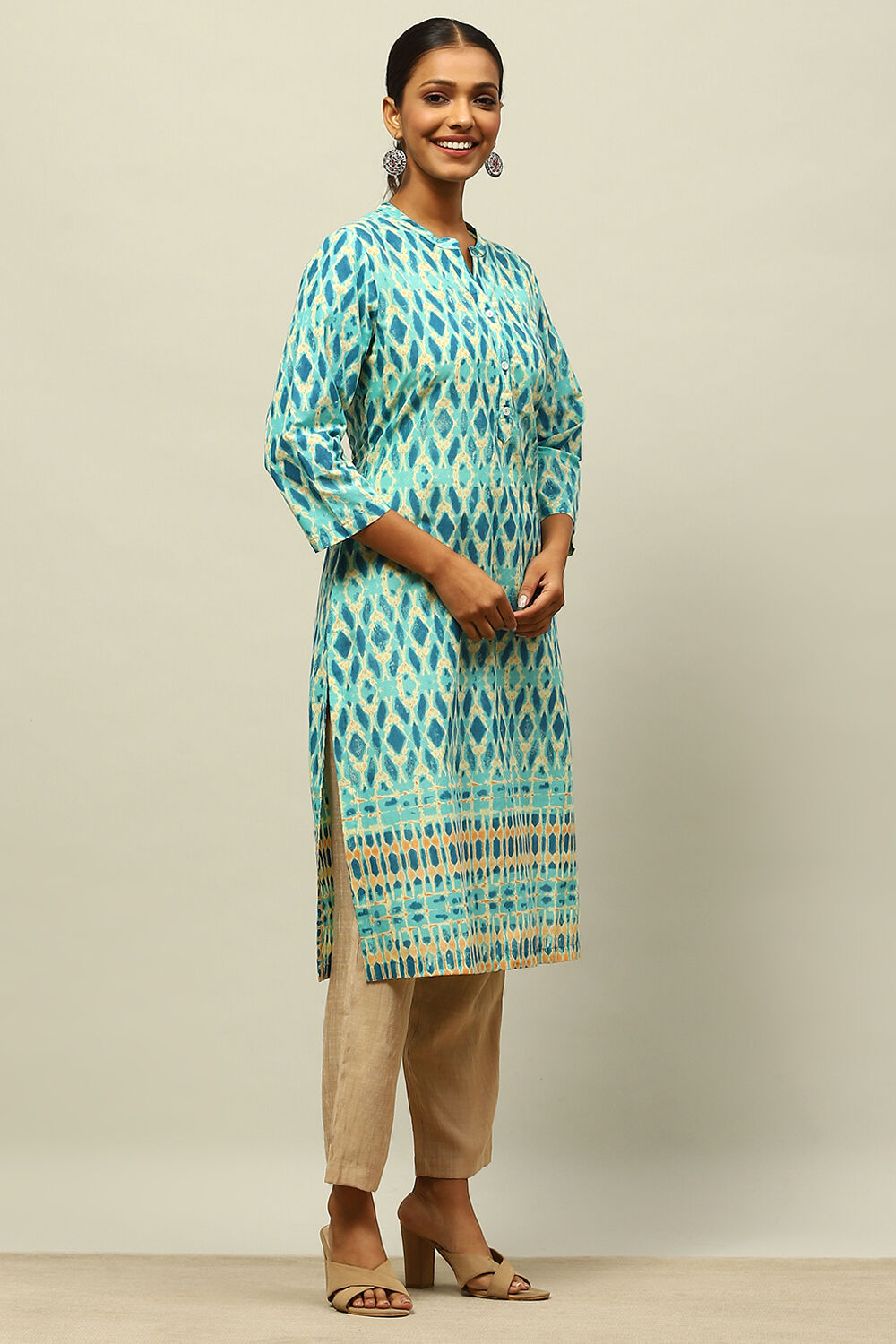 Blue Cotton Printed Straight Kurta image number 4