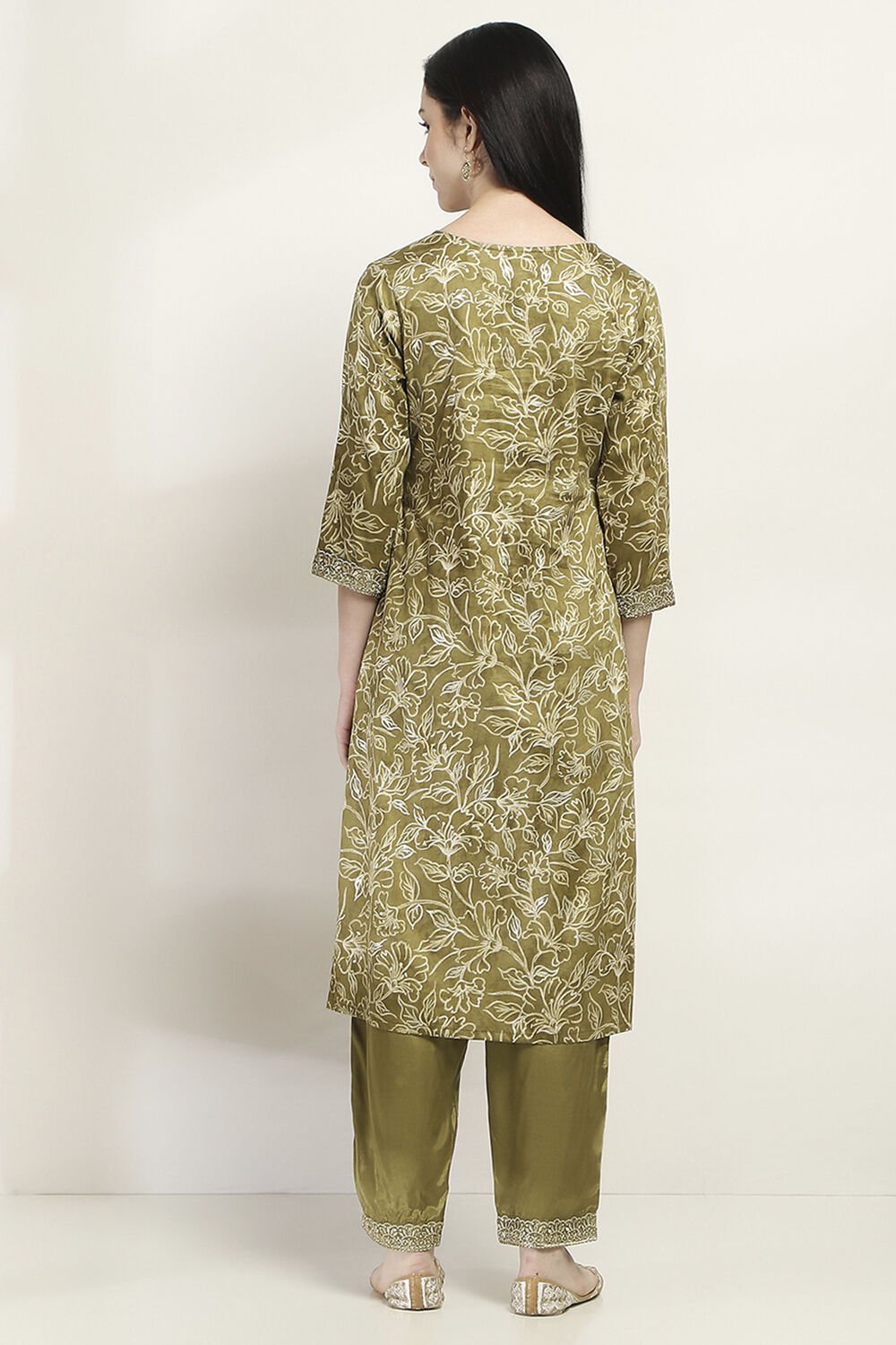 Olive Green Floral Straight Suit Set image number 4