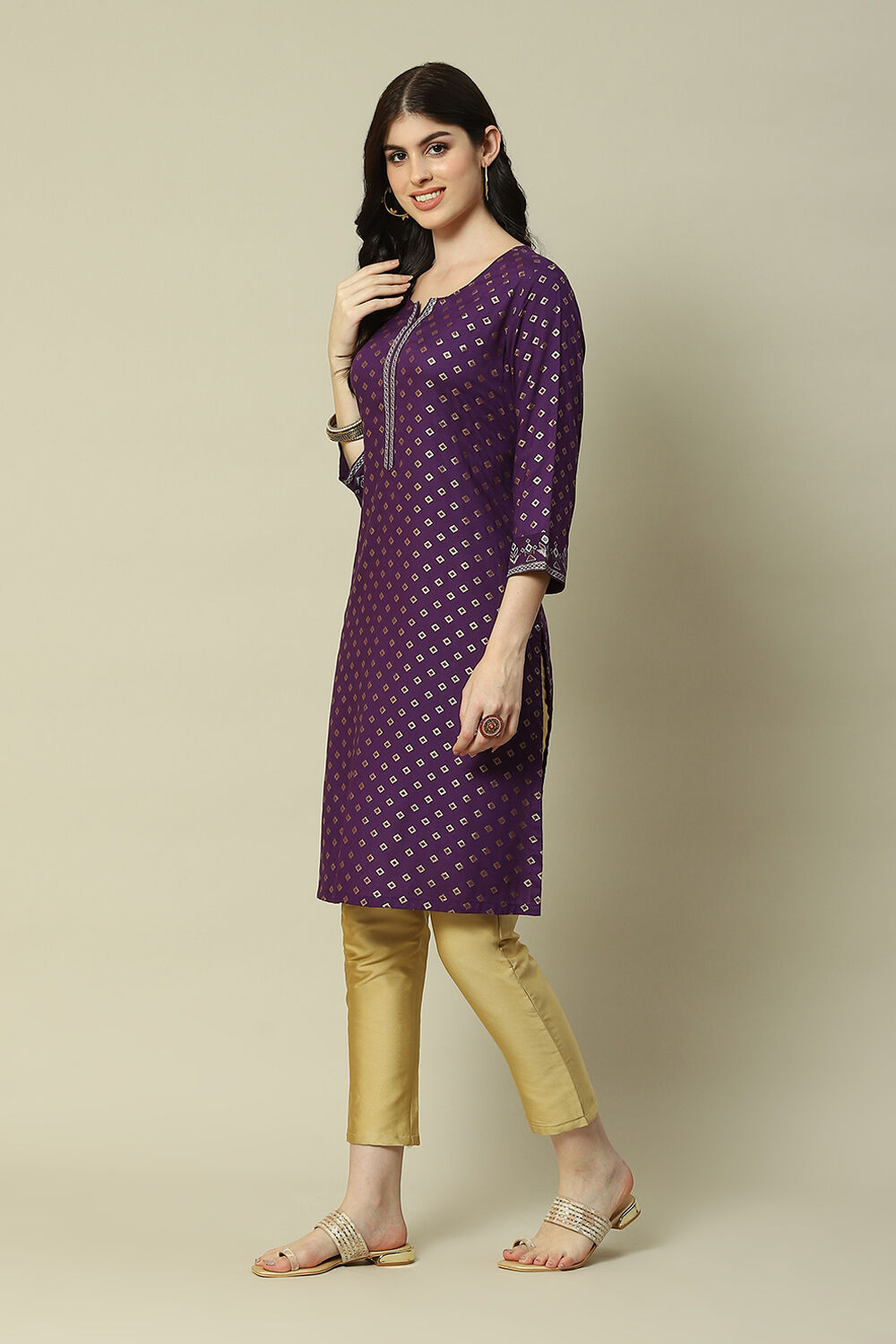 Purple LIVA Straight Printed Kurta image number 2