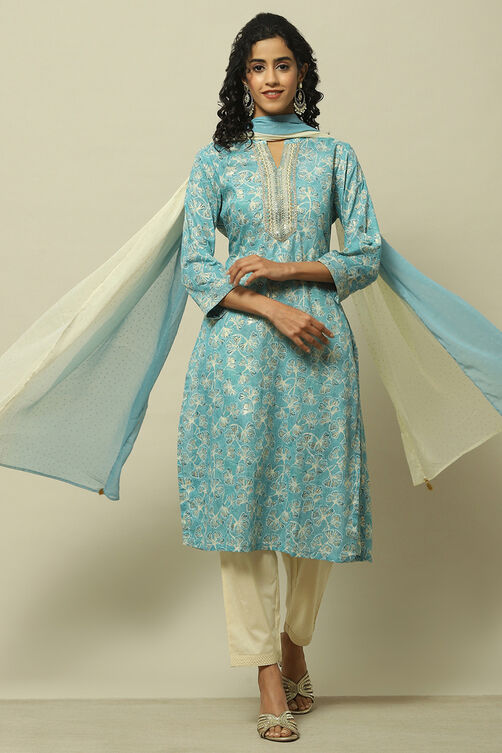 Blue Cotton Blend Straight Suit Set image number 0