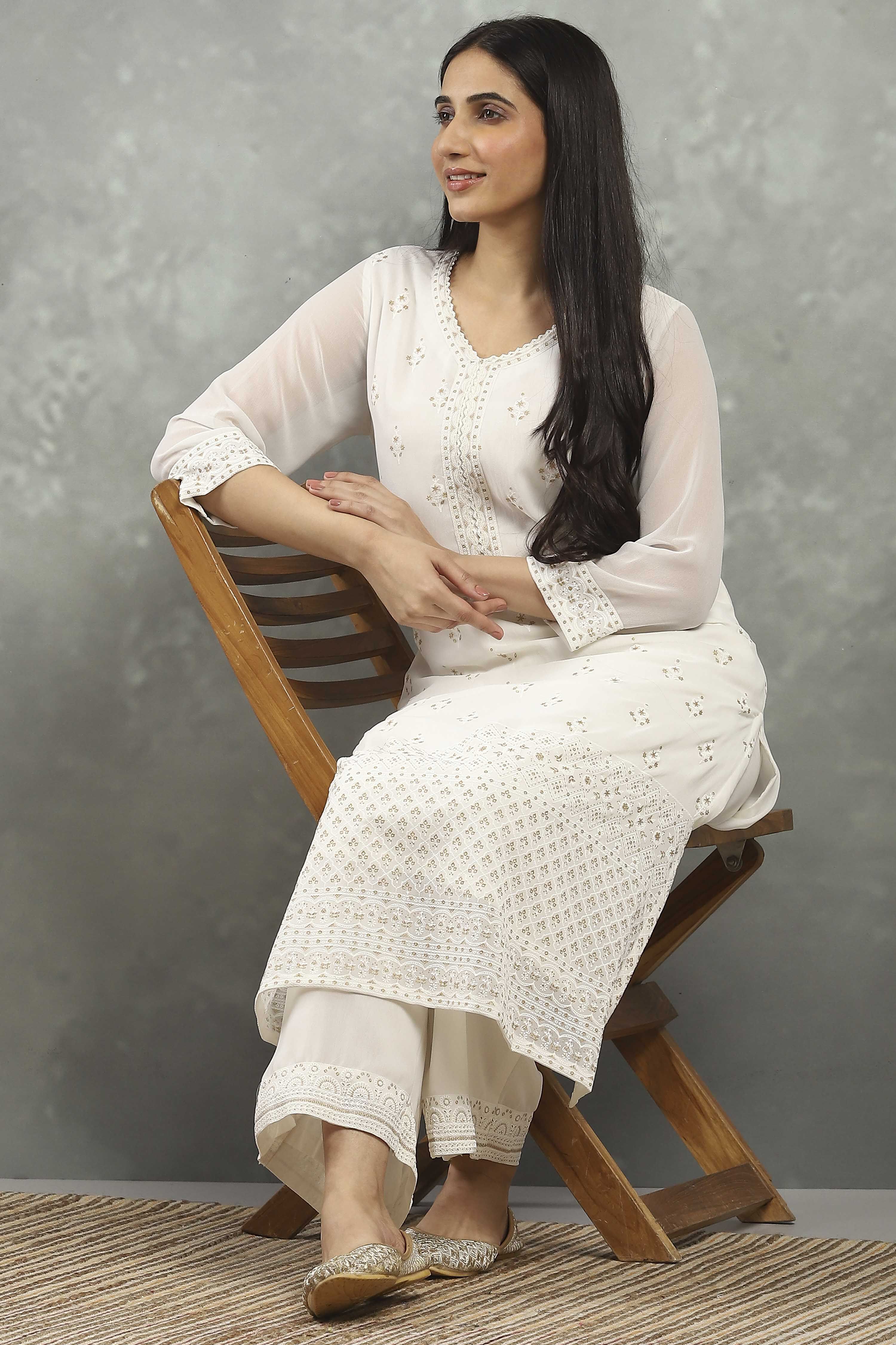 White Polyester Straight Kurta Pants Set image number 0