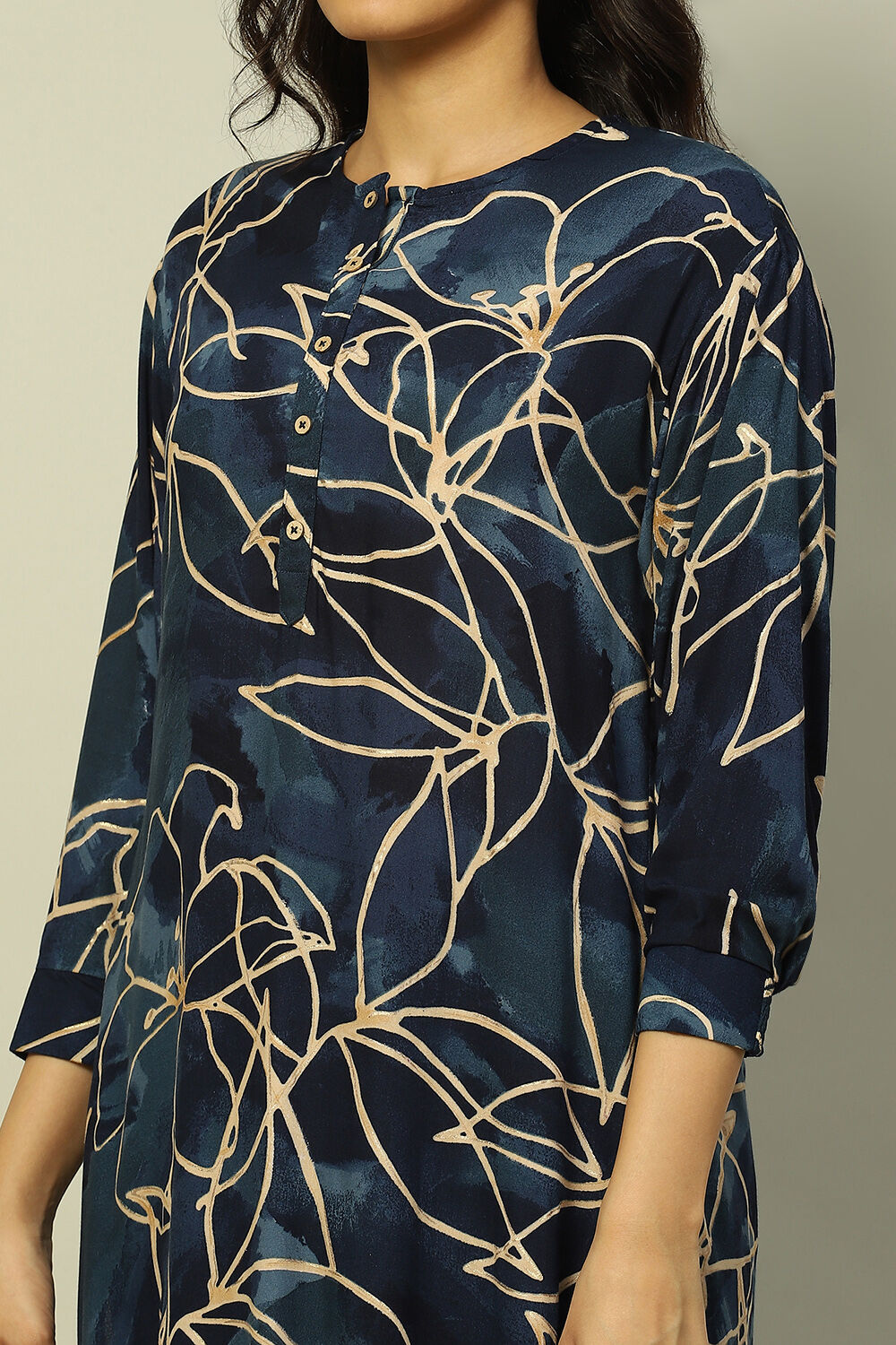 Navy Blue Floral Printed Straight Co-ord Set image number 1