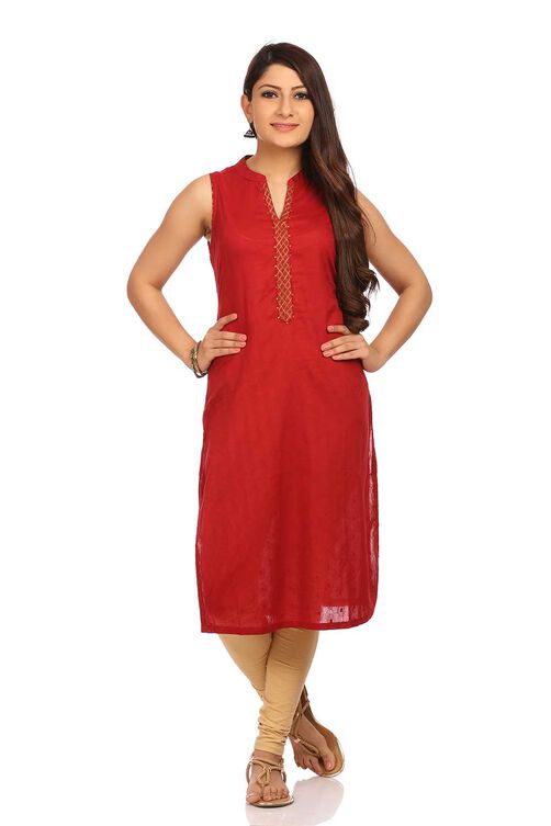 Red Straight Cotton Kurta image number 0