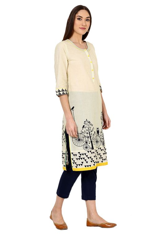Beige Straight Cotton Kurta image number 3