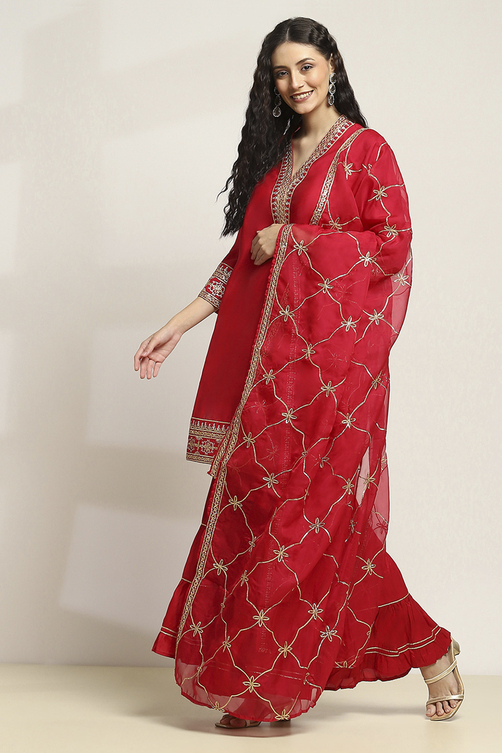 Red Solid Straight Suit Set image number 3