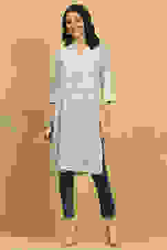 White and Blue Printed Straight Kurta image number 5