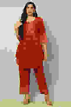 Red Viscose Blend Printed Festive Co-ord Set image number 6