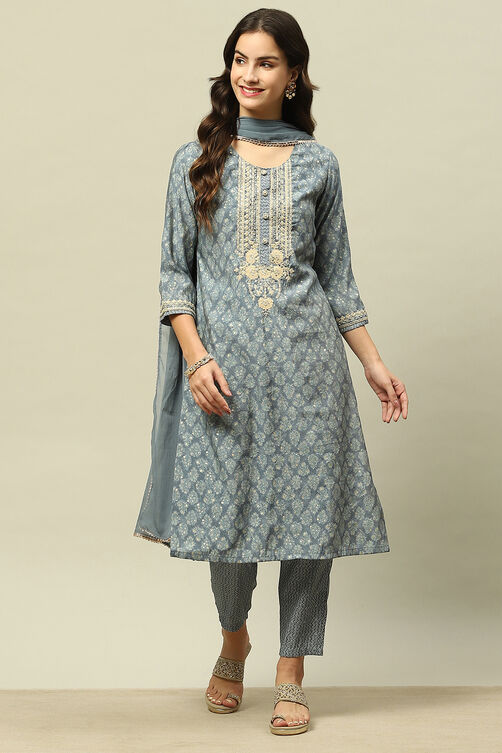 Blue Viscose Muslin Straight Printed Kurta Pants Suit Set image number 0