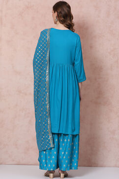 Teal Green Flared Printed Suit Set image number 4