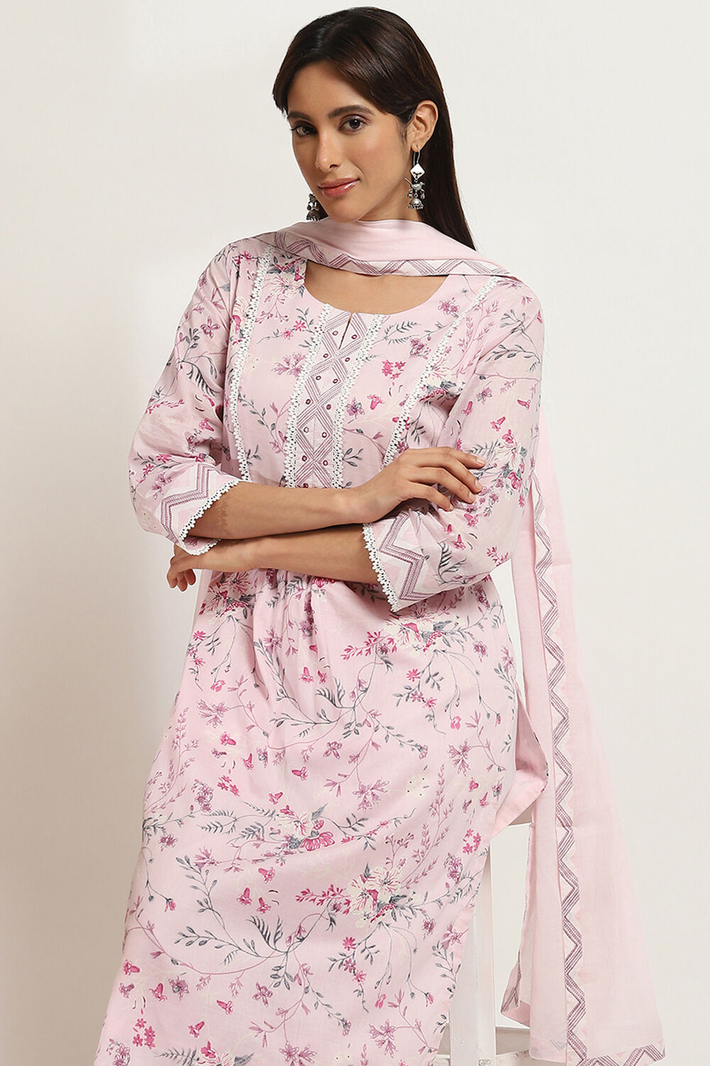 Pink Cotton Printed Straight Suit Set image number 6