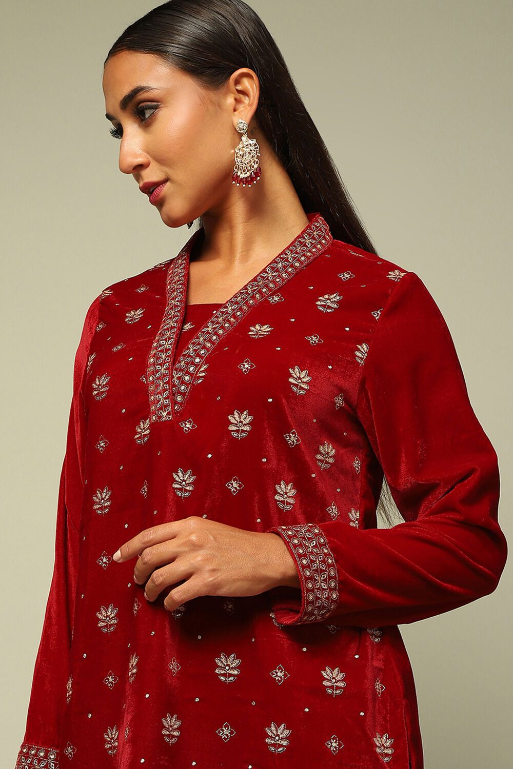 Red Poly Velvet Straight Printed Kurta Palazzo Suit Set image number 1