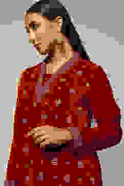 Red Poly Velvet Straight Printed Kurta Palazzo Suit Set image number 1