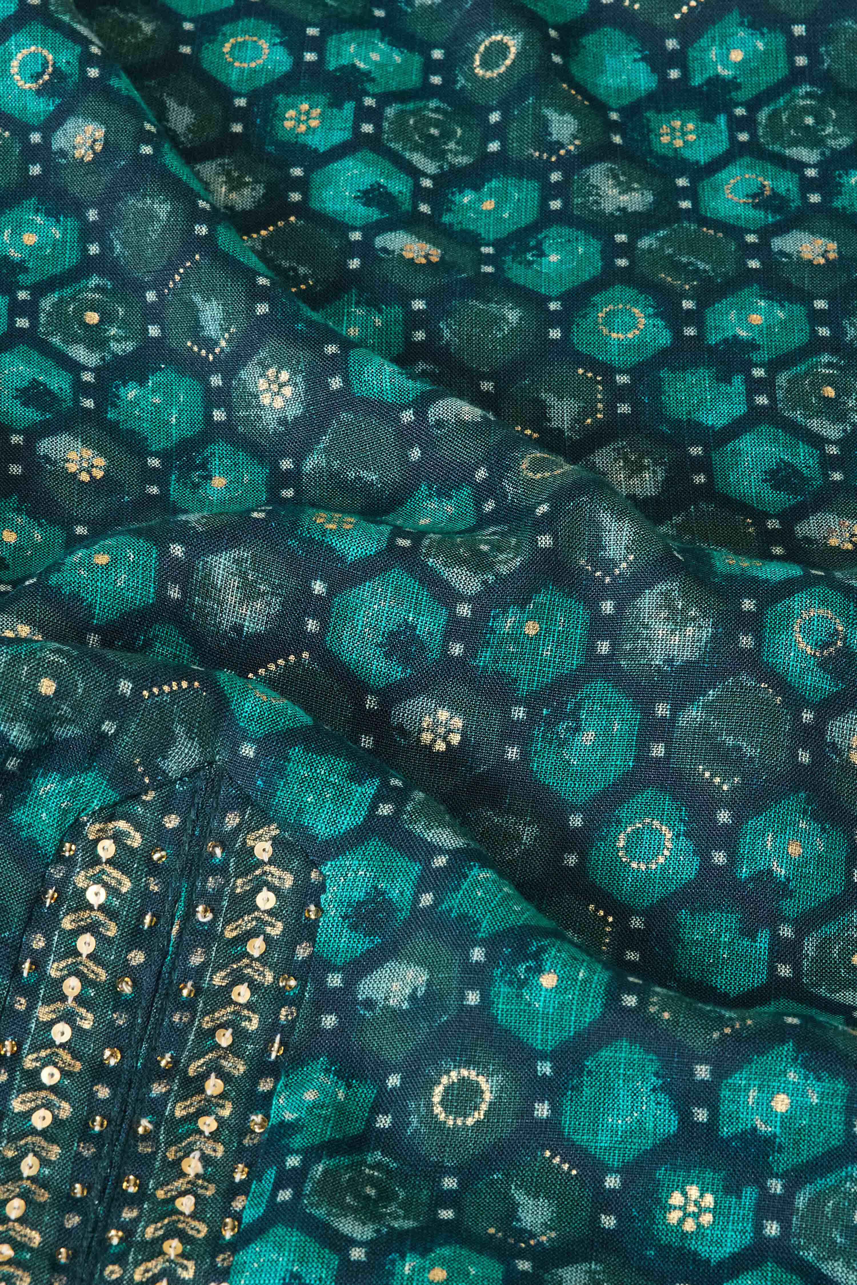 Teal Viscose Blend Straight Printed Suit Set image number 3