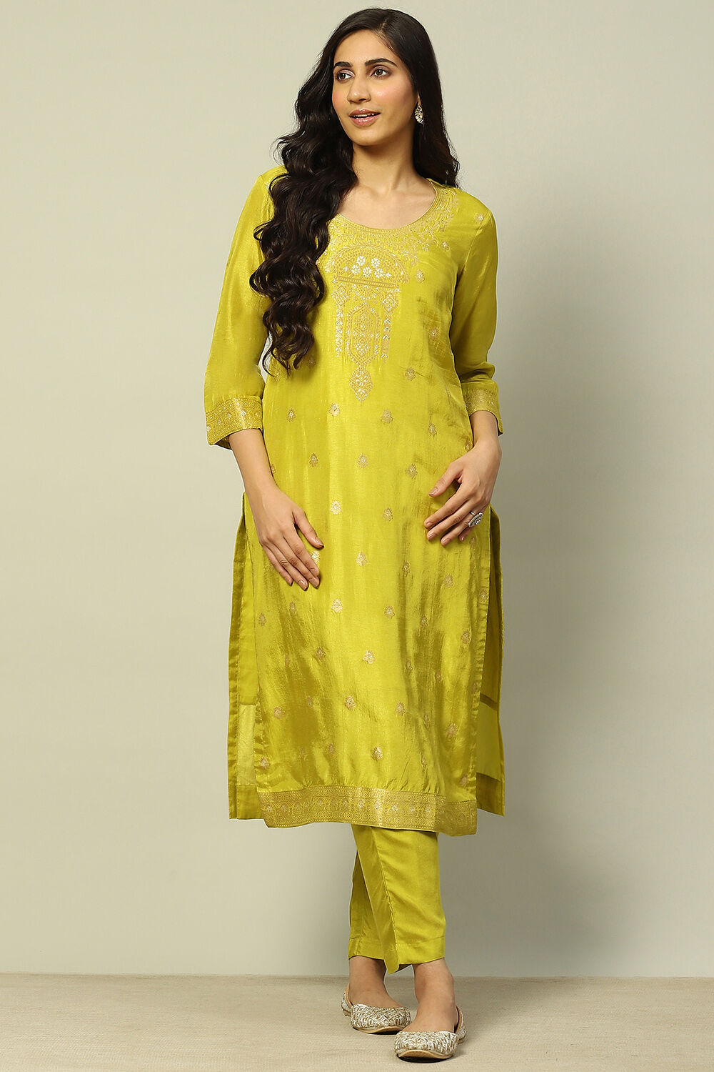 Green Viscose Blend Yarn Dyed Straight Festive Suit Set image number 6