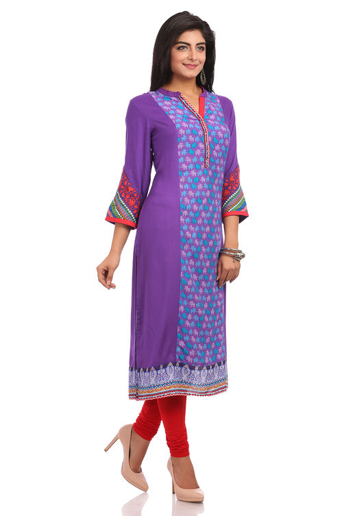 Purple Straight Cotton Kurta image number 2