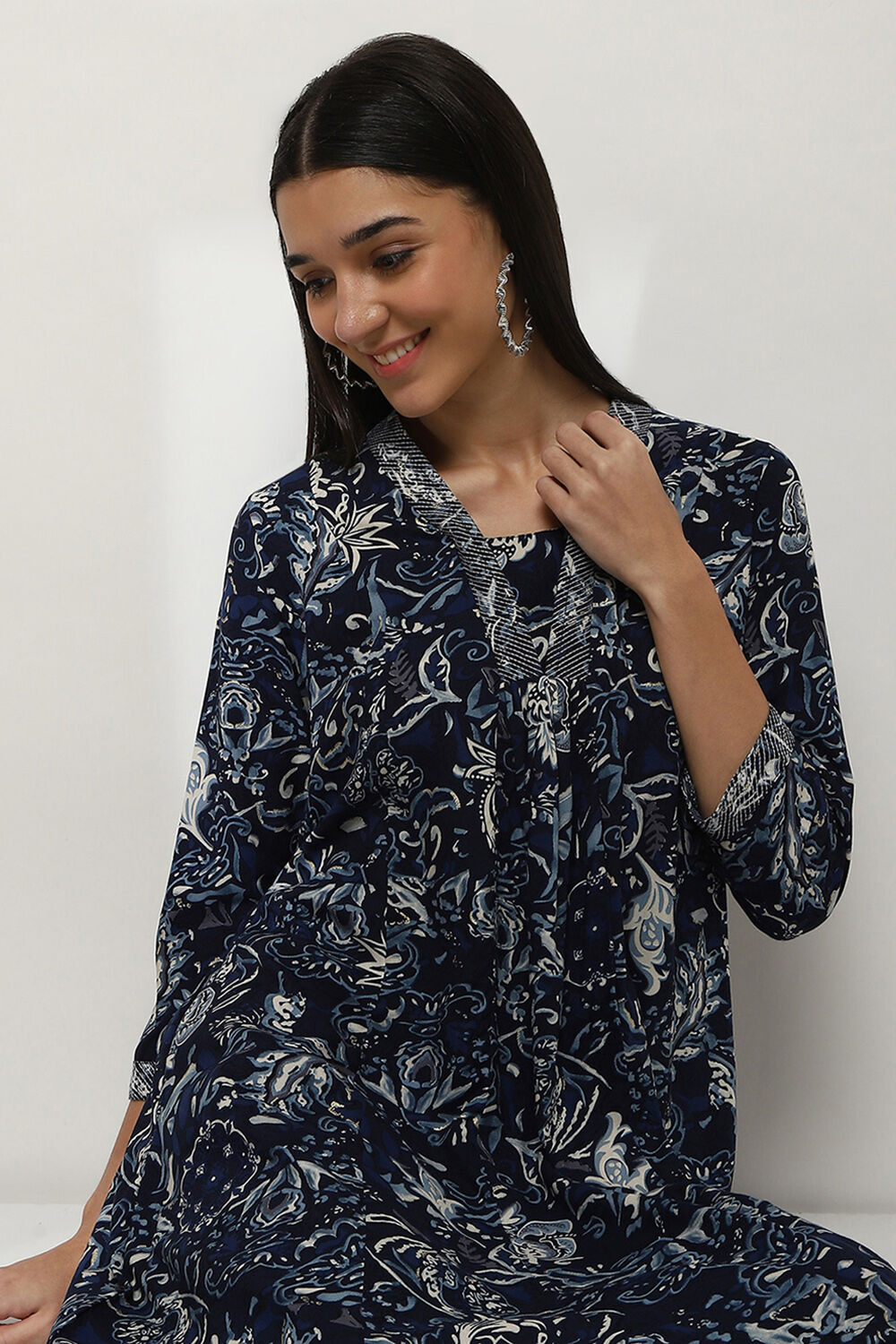 Navy Blue Printed Straight Co-ord Set image number 7