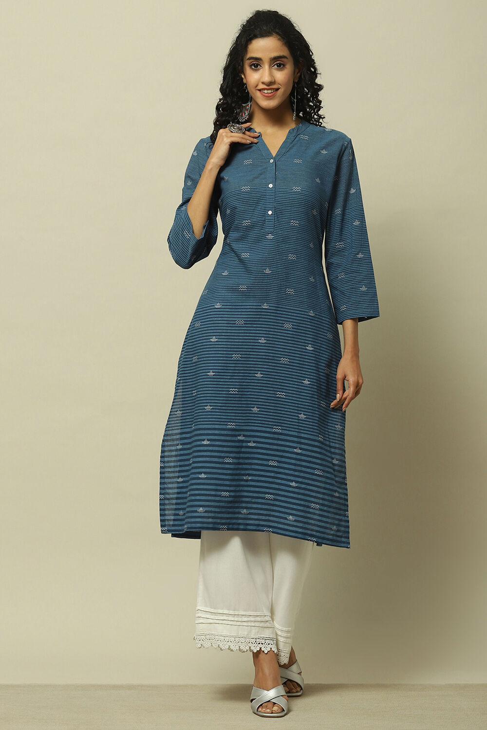 Blue Cotton Striped Straight Kurta image number 5