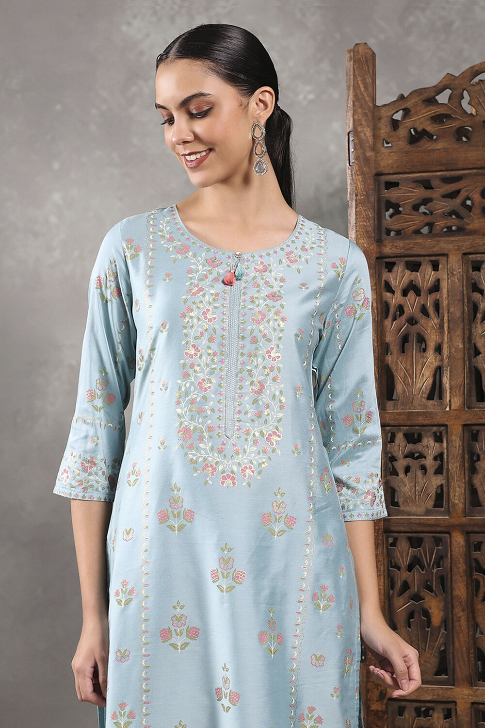 Aqua Viscose Blend Printed Straight Suit Set image number 1