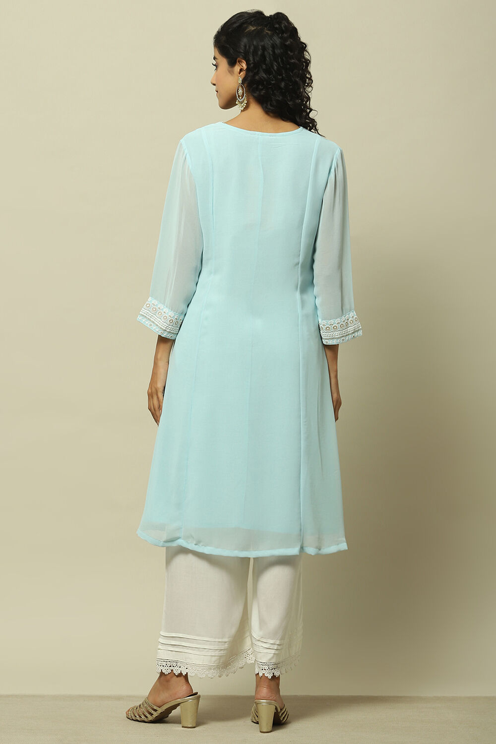 Blue Poly Georgette Embroidered Straight Kurta image number 3