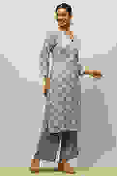 Grey Viscose Blend Straight Printed Kurta Palazzo Suit Set image number 5