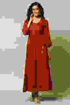 Rust LIVA Flared Printed Dress image number 5