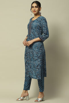 Blue Rayon Straight Suit Set image number 3