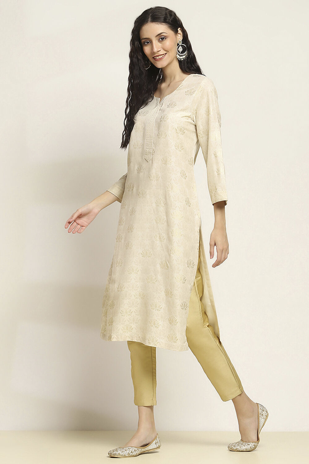 Off-White Printed Straight Kurta image number 2