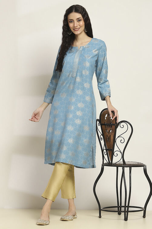 Blue Viscose Rayon Printed Straight Kurta image number 0